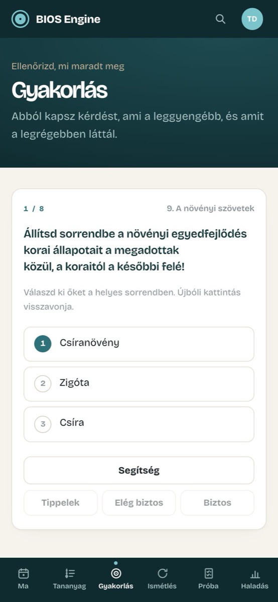 Gyakorlókérdés az appban, alatta a Tippelek, Elég biztos és Biztos gomb